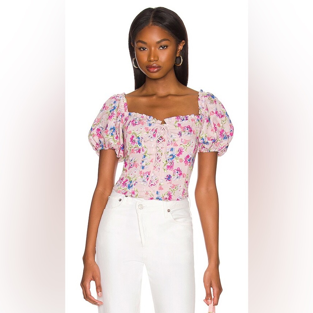ASTR The Label Lace Up Puff Sleeve Top in Purple Multi Floral